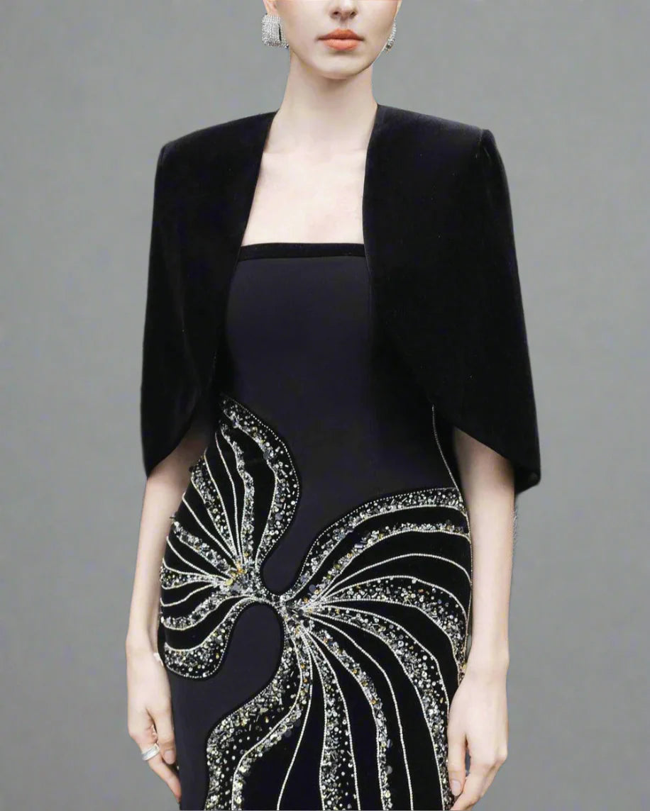 Strapless Column Dress with Velvet Cape - Leslie