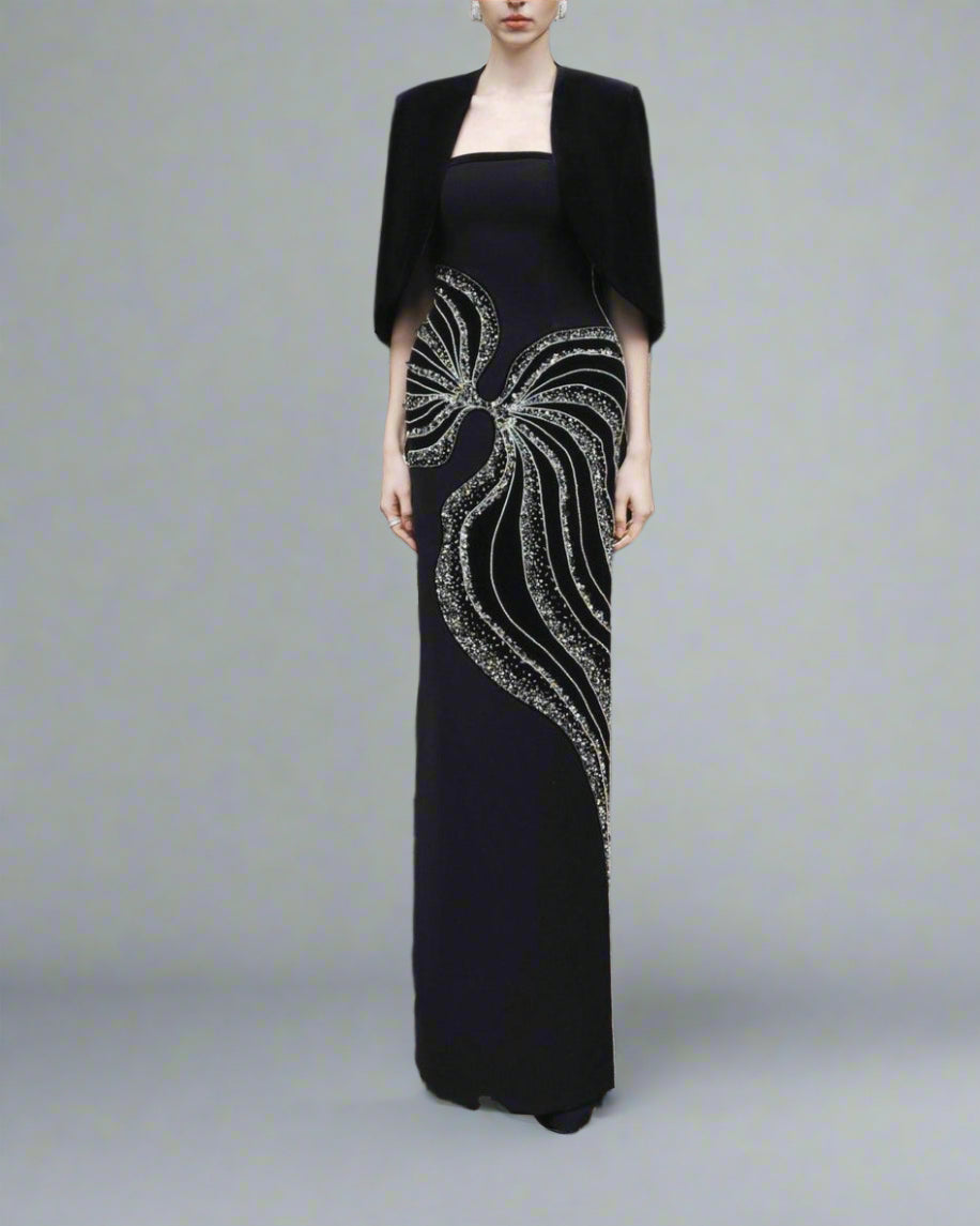 Strapless Column Dress with Velvet Cape - Leslie