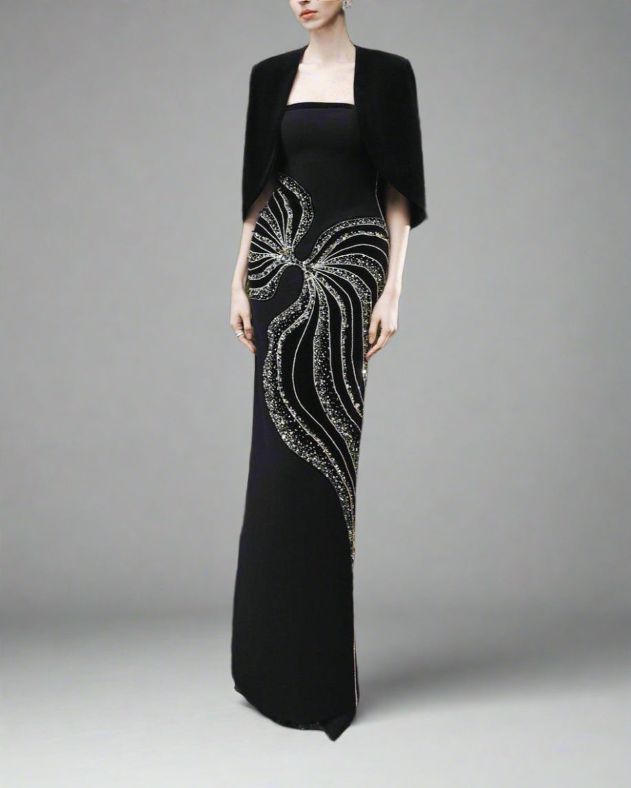 Strapless Column Dress with Velvet Cape - Leslie