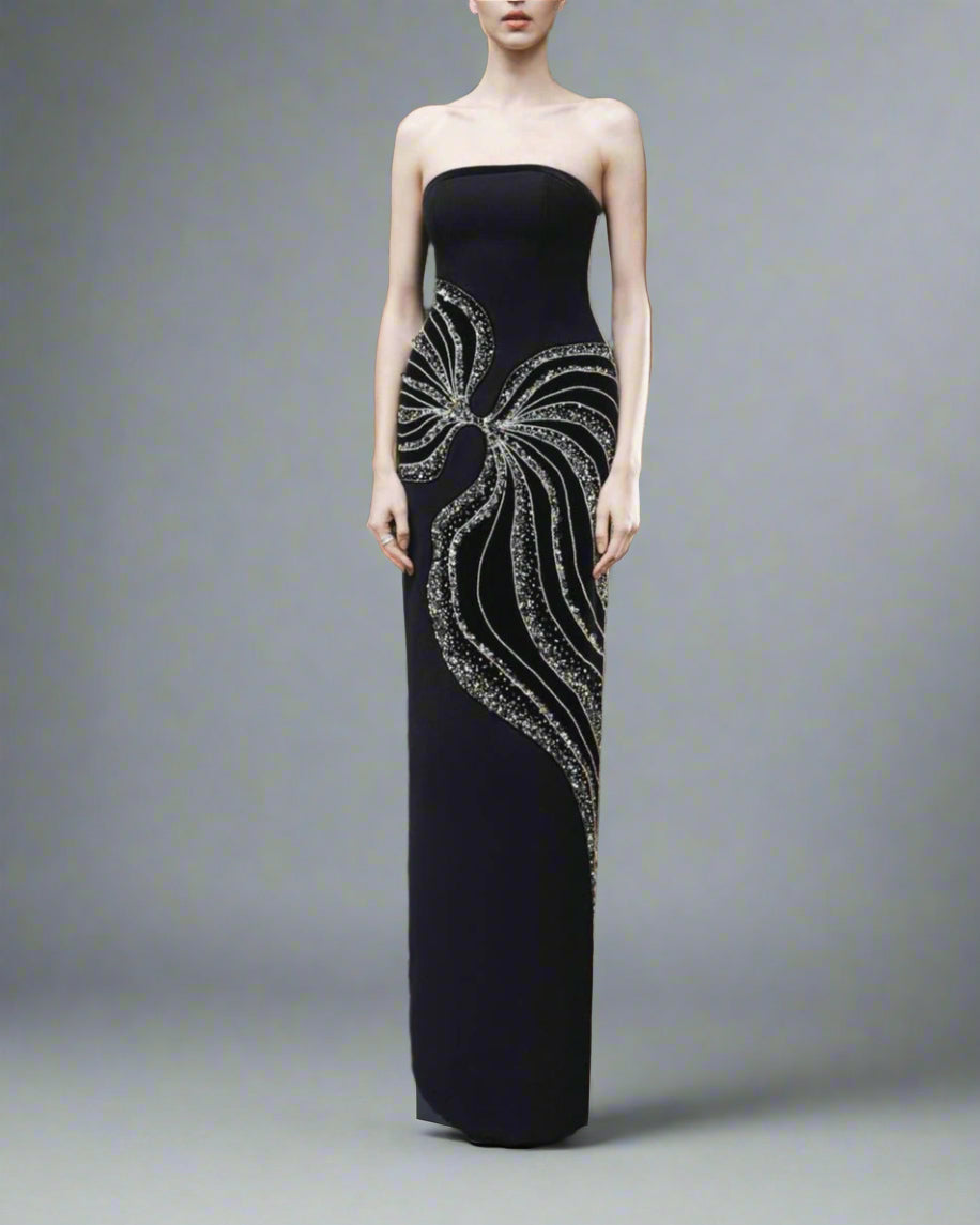 Strapless Column Dress with Velvet Cape - Leslie