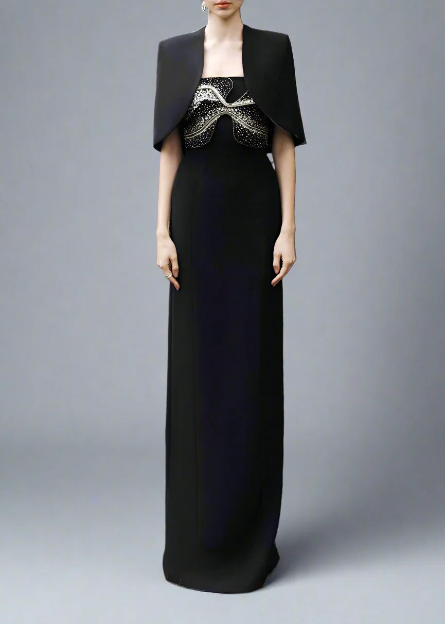 Strapless Column Dress with Embellished Cape - AURA