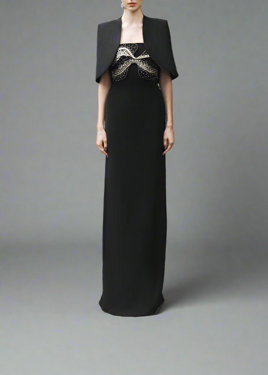 Strapless Column Dress with Embellished Cape - AURA