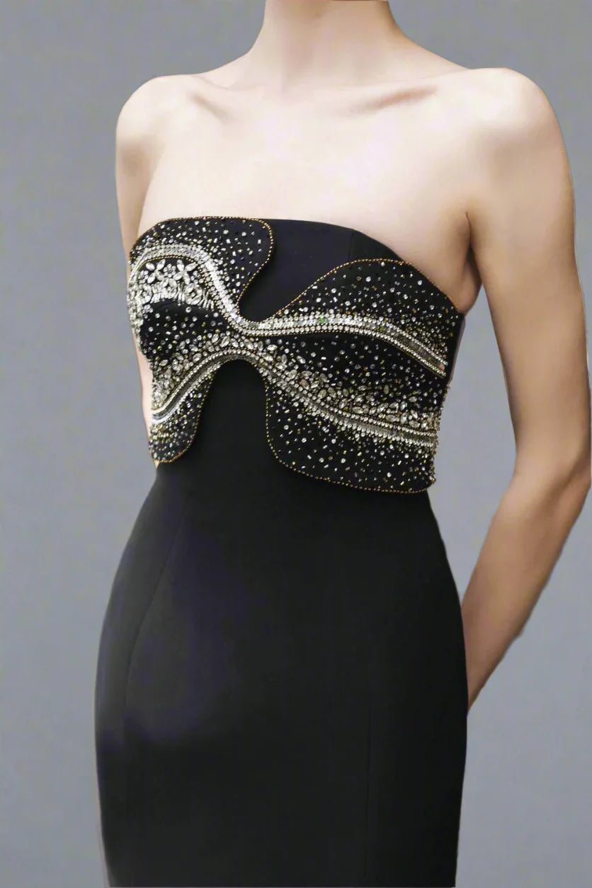 Strapless Column Dress with Embellished Cape - AURA