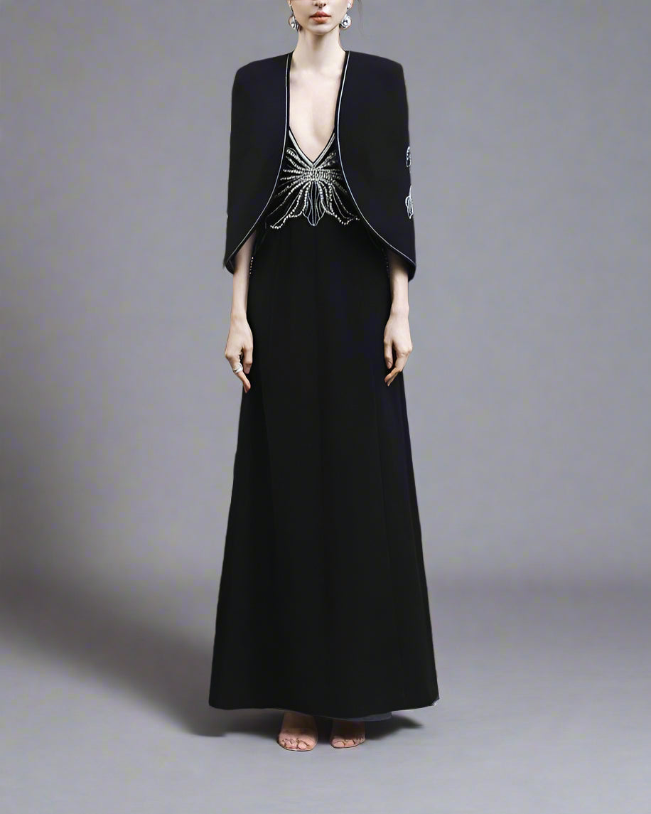 Plunging Neckline Gown with Embroidered Cape - STELLA