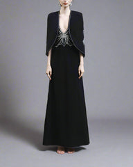 Plunging Neckline Gown with Embroidered Cape - STELLA