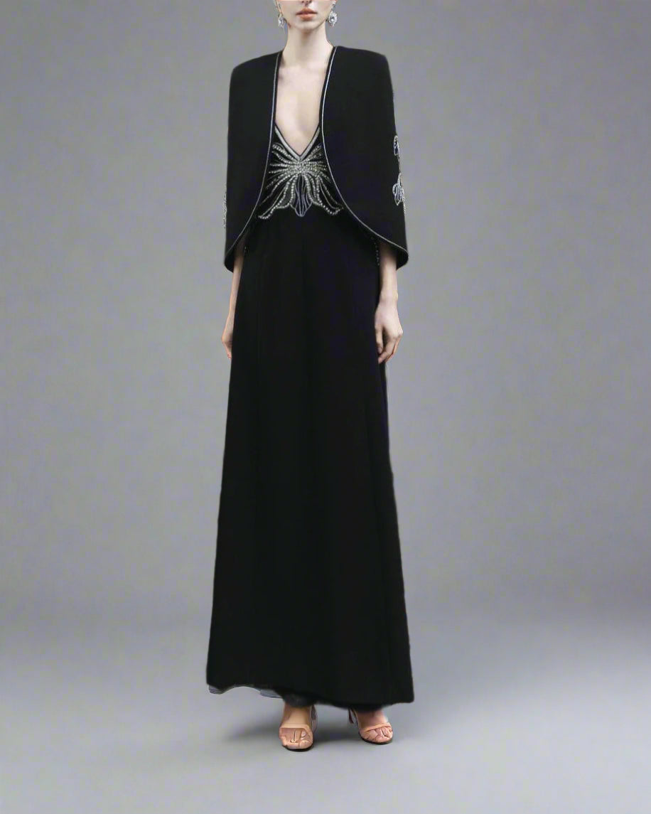 Plunging Neckline Gown with Embroidered Cape - STELLA