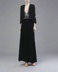 Plunging Neckline Gown with Embroidered Cape - STELLA
