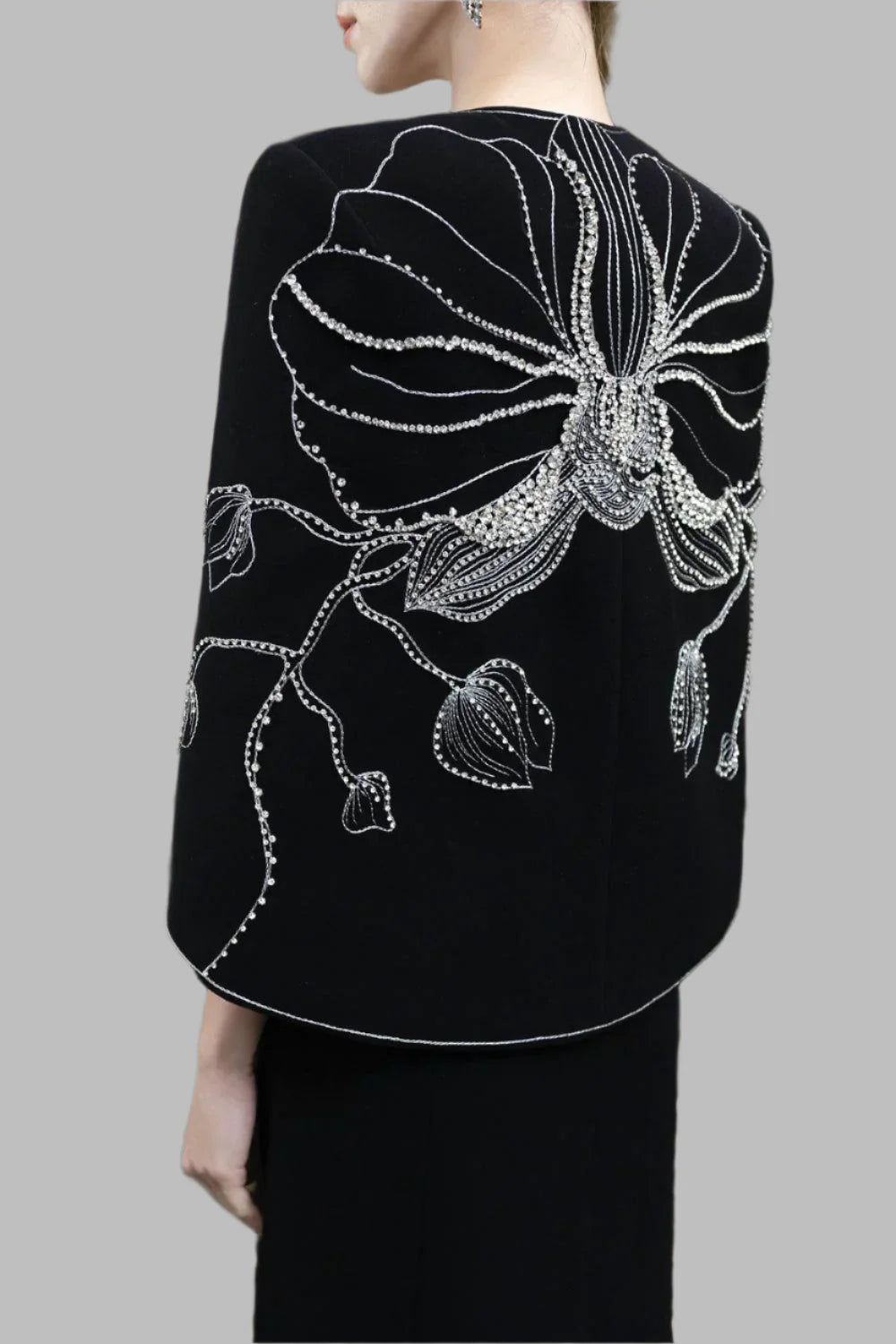 Plunging Neckline Gown with Embroidered Cape - STELLA