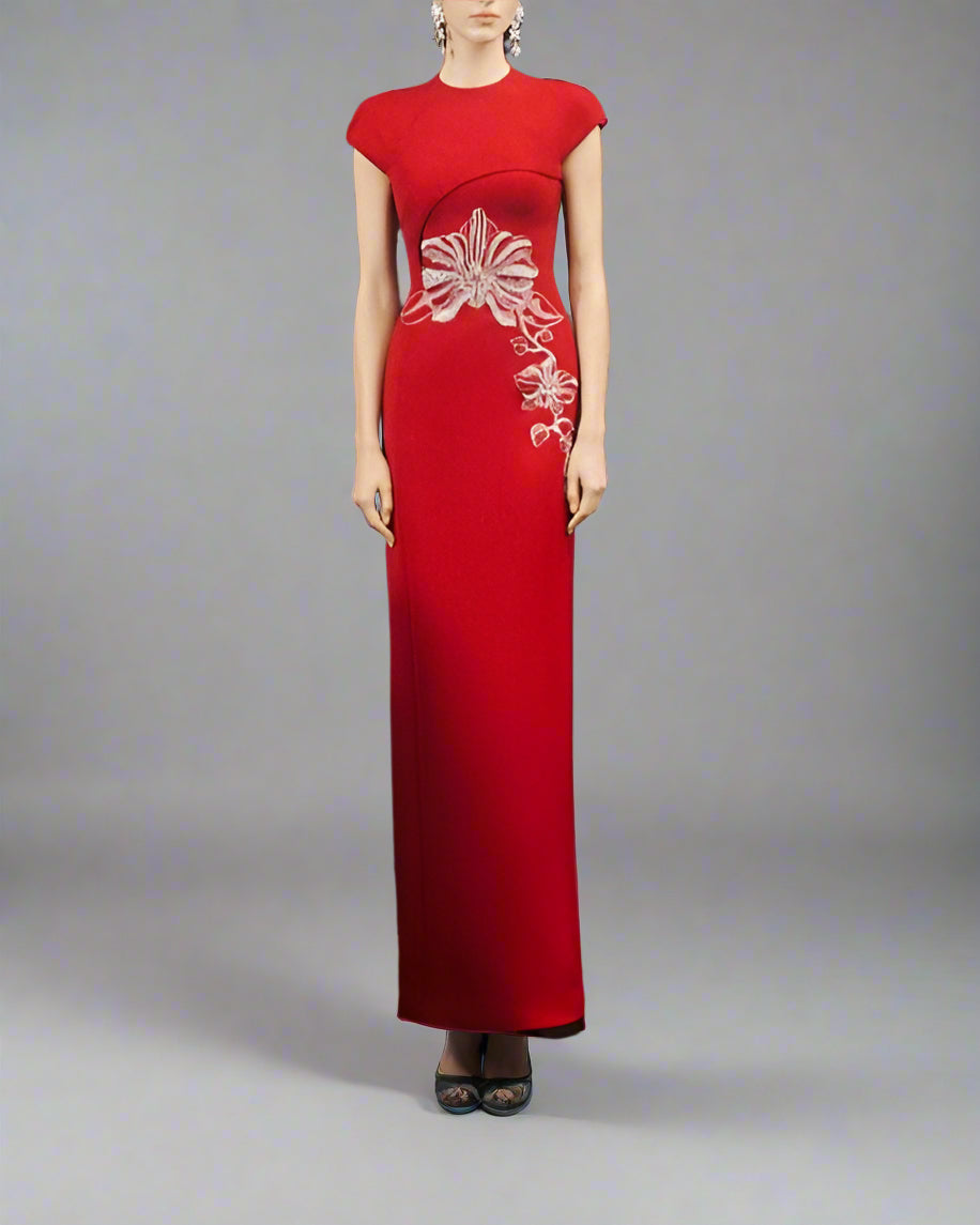 Cap-Sleeve Column Dress with Floral Embellishments - SCARLET