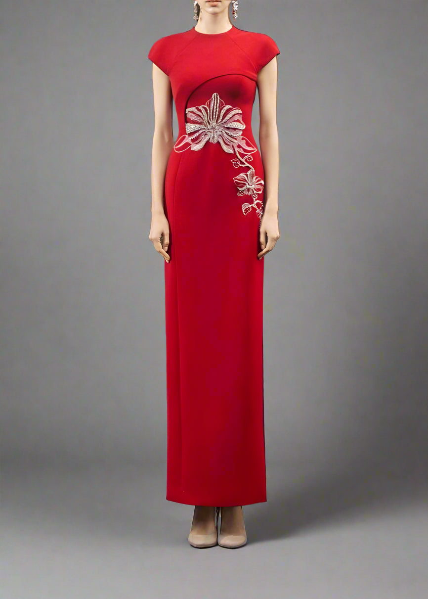 Cap-Sleeve Column Dress with Floral Embellishments - SCARLET