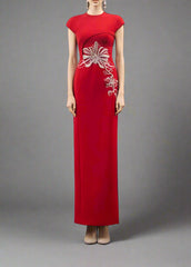 Cap-Sleeve Column Dress with Floral Embellishments - SCARLET