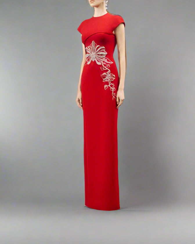 Cap-Sleeve Column Dress with Floral Embellishments - SCARLET