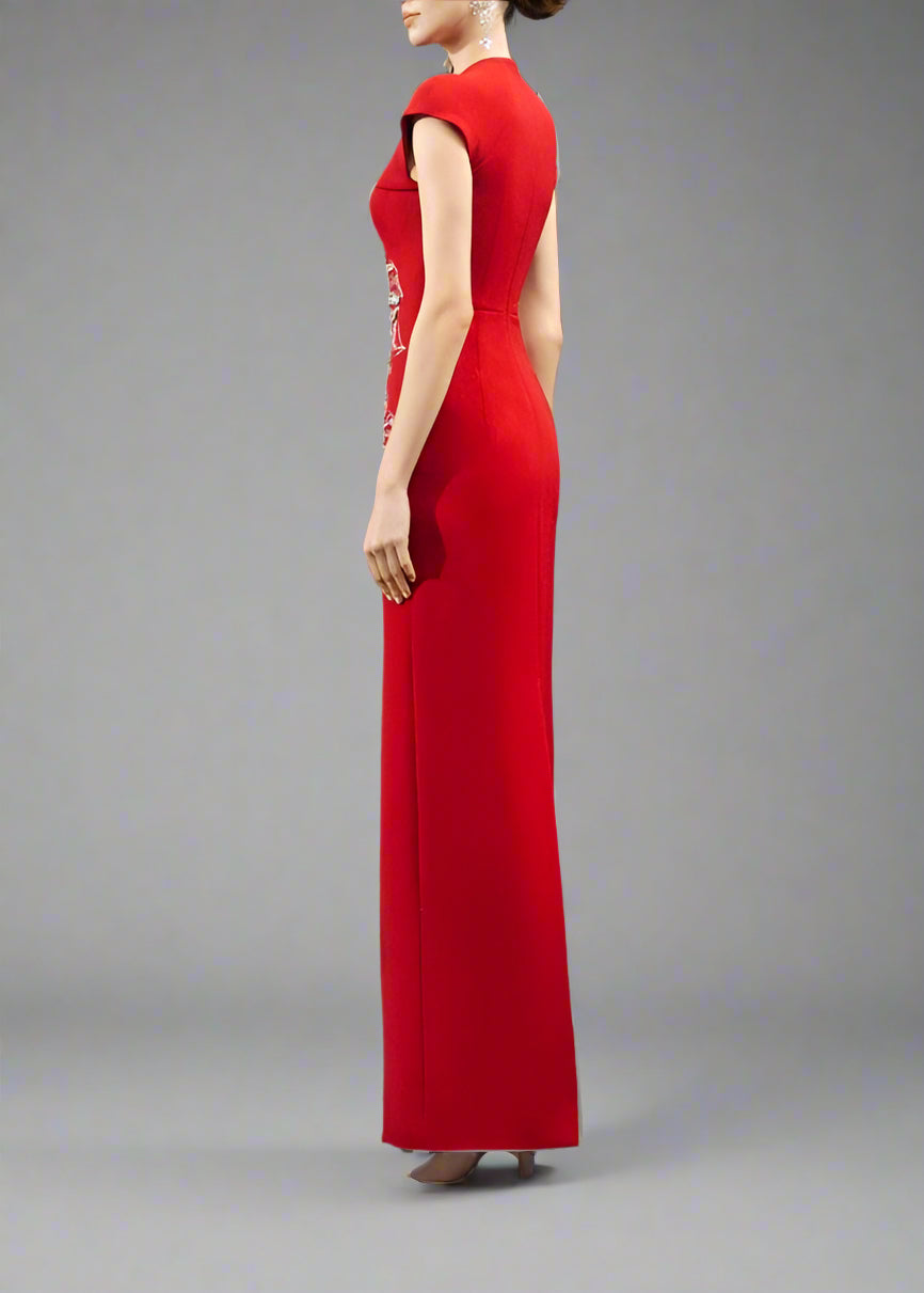 Cap-Sleeve Column Dress with Floral Embellishments - SCARLET