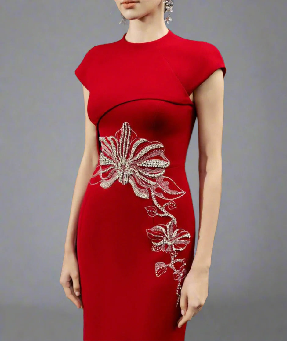 Cap-Sleeve Column Dress with Floral Embellishments - SCARLET