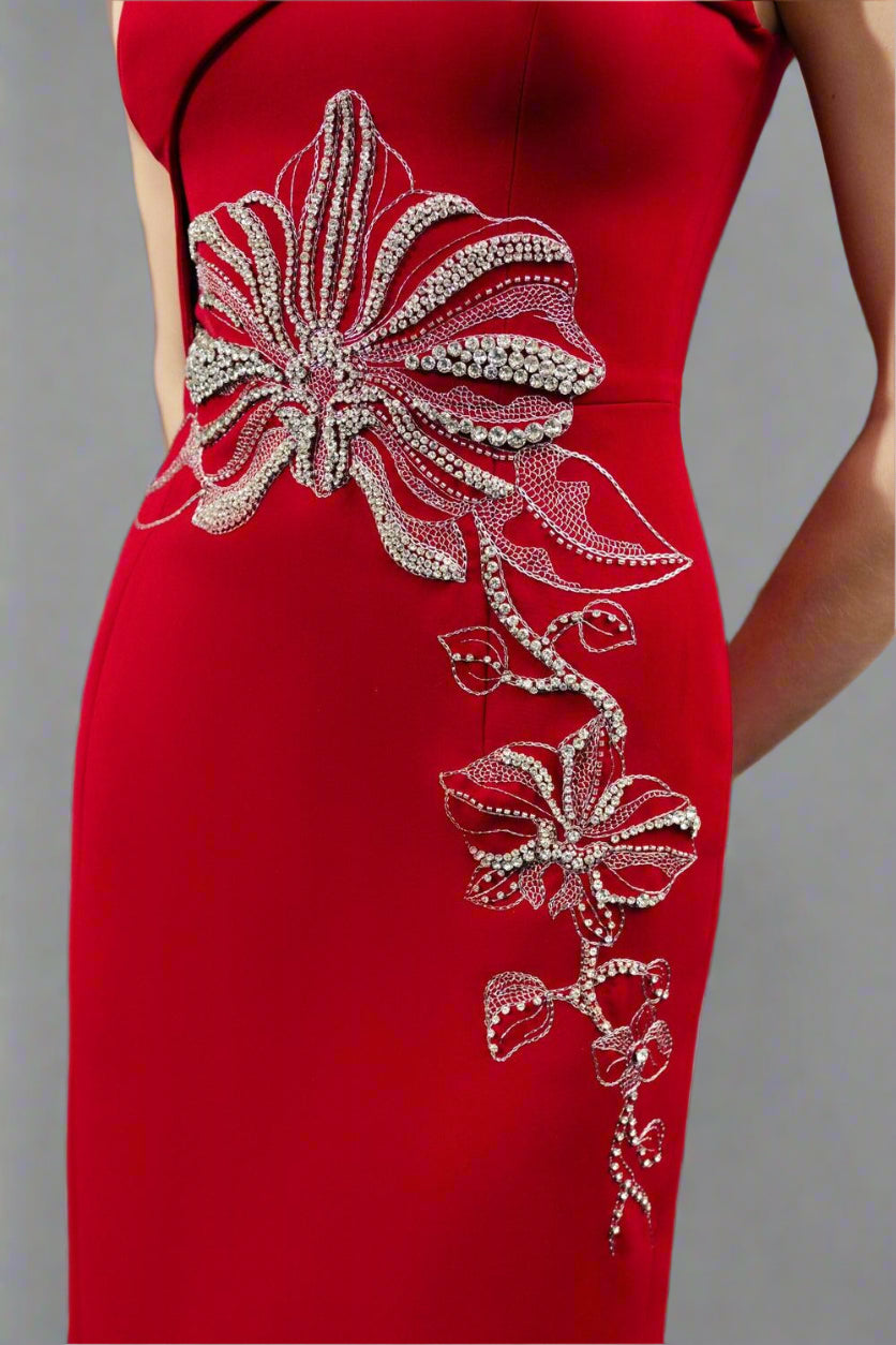 Cap-Sleeve Column Dress with Floral Embellishments - SCARLET