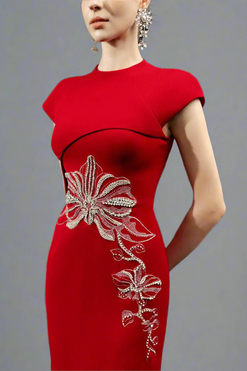 Cap-Sleeve Column Dress with Floral Embellishments - SCARLET