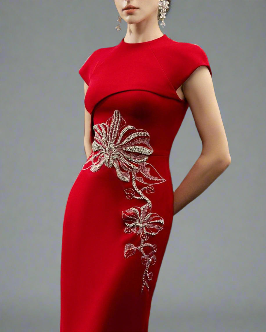 Cap-Sleeve Column Dress with Floral Embellishments - SCARLET