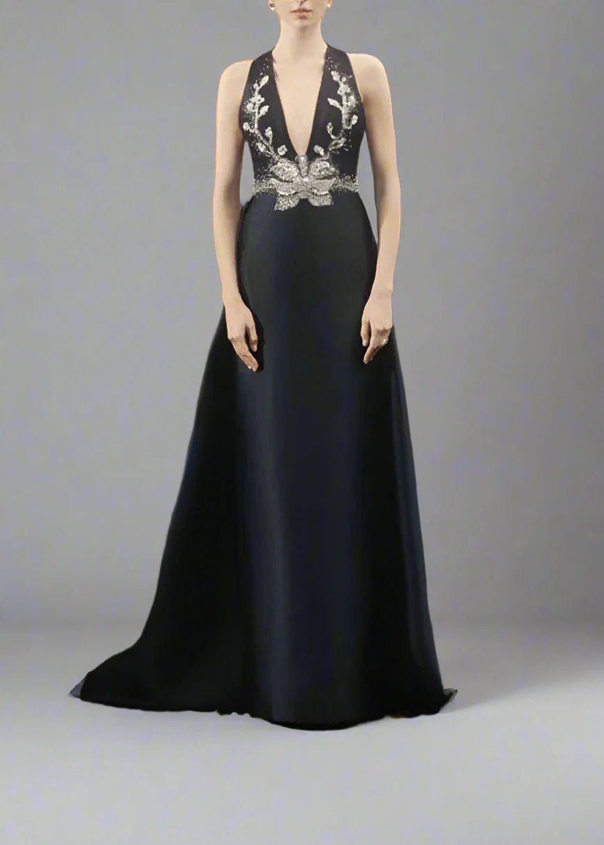 Plunging Neck A-line Dress with Embellished Bodice - ELYSIA