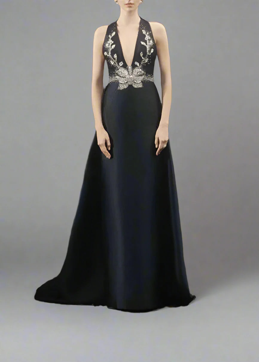 Plunging Neck A-line Dress with Embellished Bodice - ELYSIA