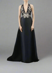 Plunging Neck A-line Dress with Embellished Bodice - ELYSIA