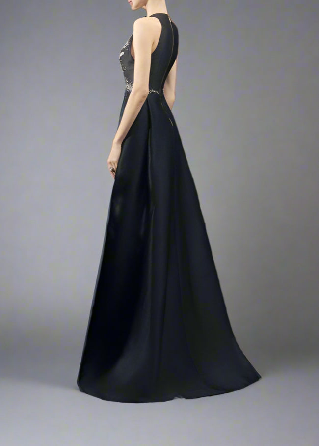 Plunging Neck A-line Dress with Embellished Bodice - ELYSIA