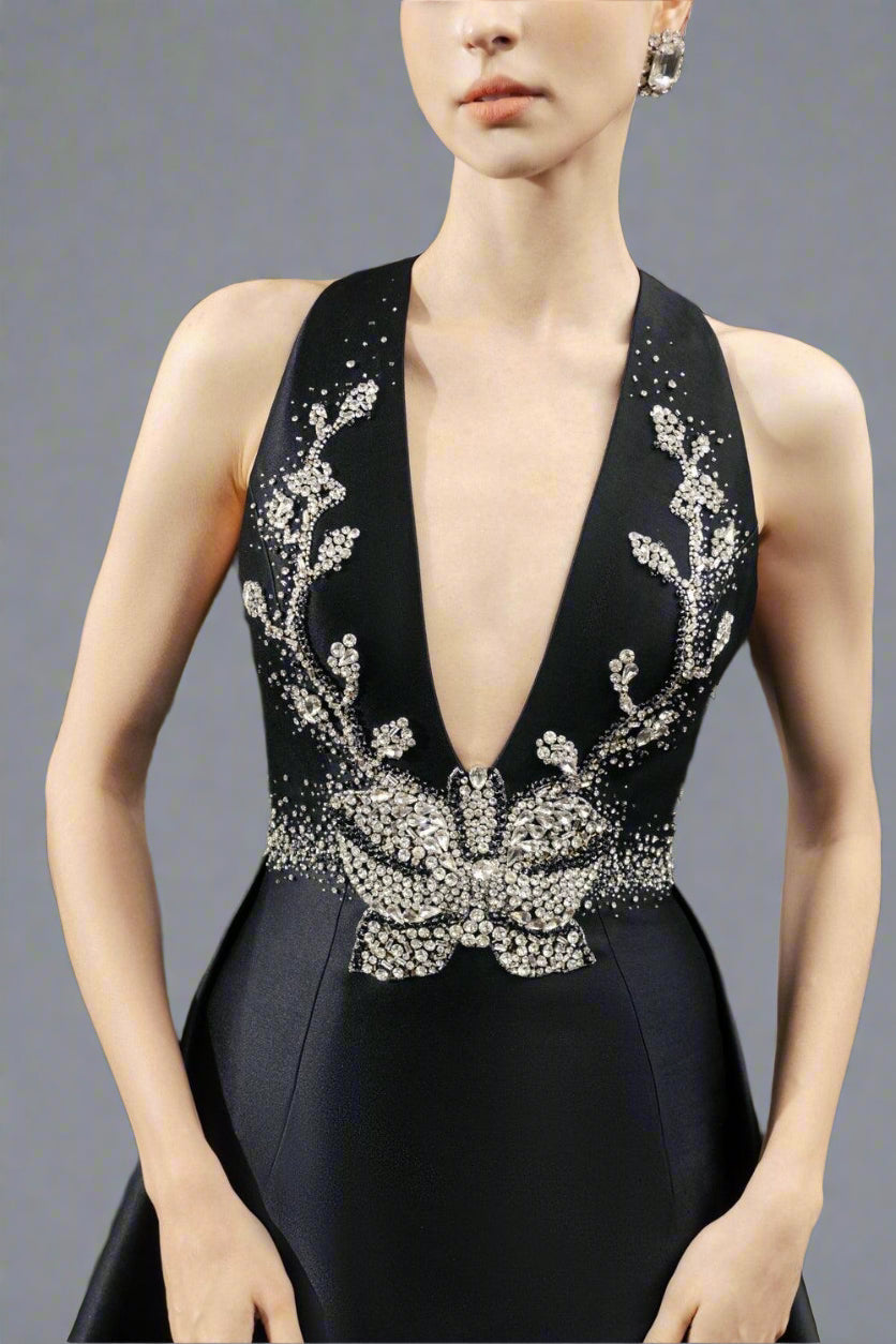 Plunging Neck A-line Dress with Embellished Bodice - ELYSIA
