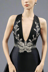 Plunging Neck A-line Dress with Embellished Bodice - ELYSIA