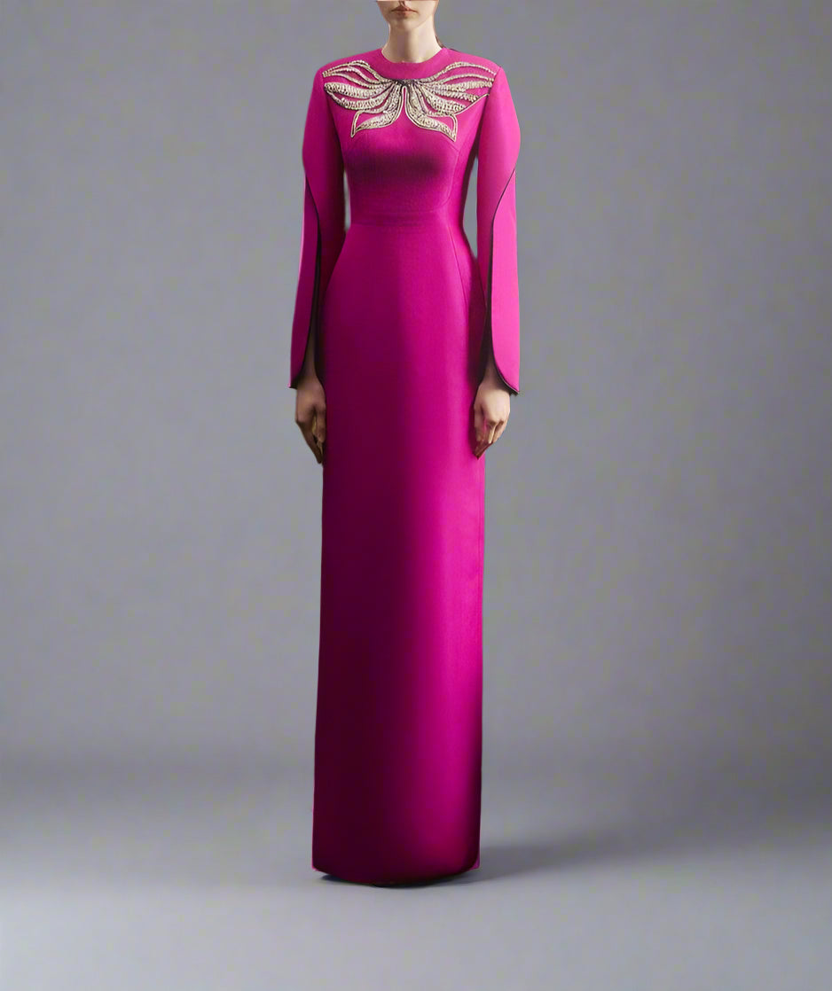 Long-sleeve column dress with winged embellishment - MAGENTA