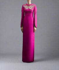 Long-sleeve column dress with winged embellishment - MAGENTA