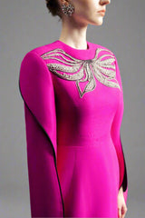 Long-sleeve column dress with winged embellishment - MAGENTA