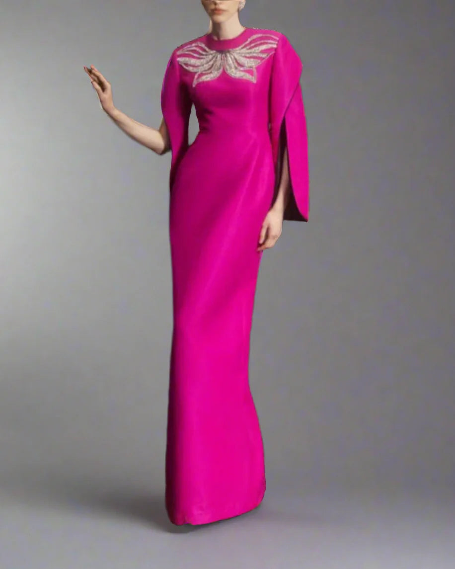 Long-sleeve column dress with winged embellishment - MAGENTA