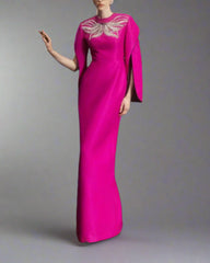 Long-sleeve column dress with winged embellishment - MAGENTA