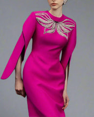 Long-sleeve column dress with winged embellishment - MAGENTA