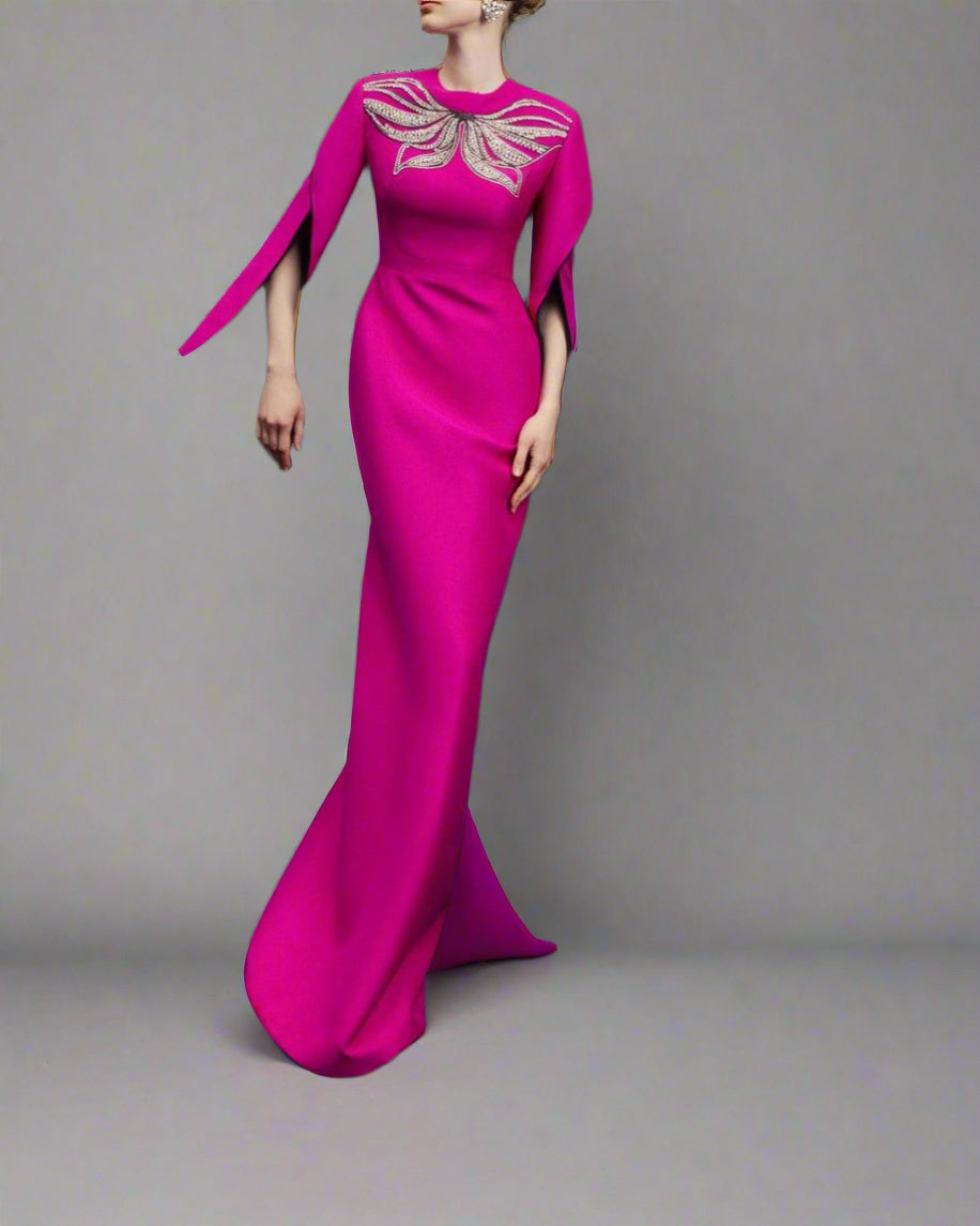 Long-sleeve column dress with winged embellishment - MAGENTA