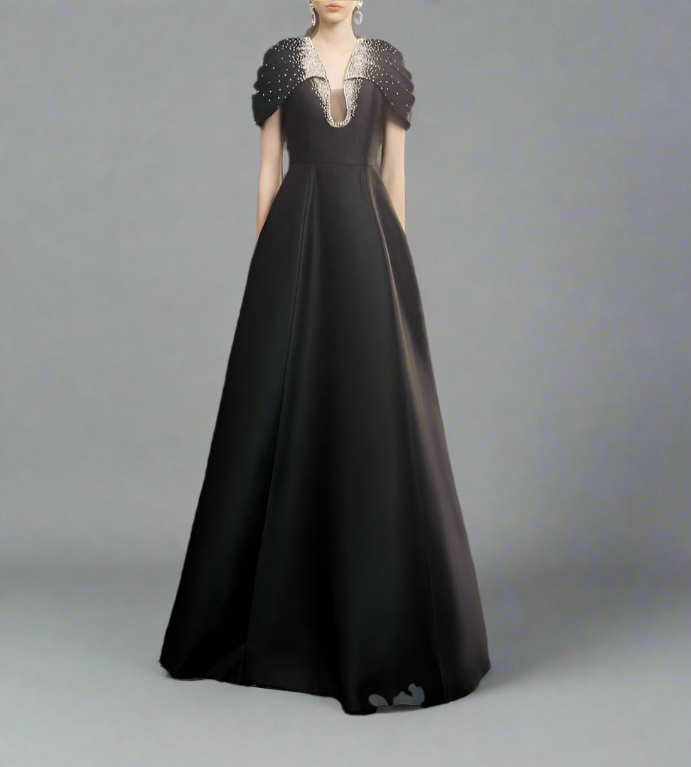 Cap-sleeve A-line dress with embellished neckline - NOIR