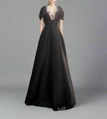 Cap-sleeve A-line dress with embellished neckline - NOIR