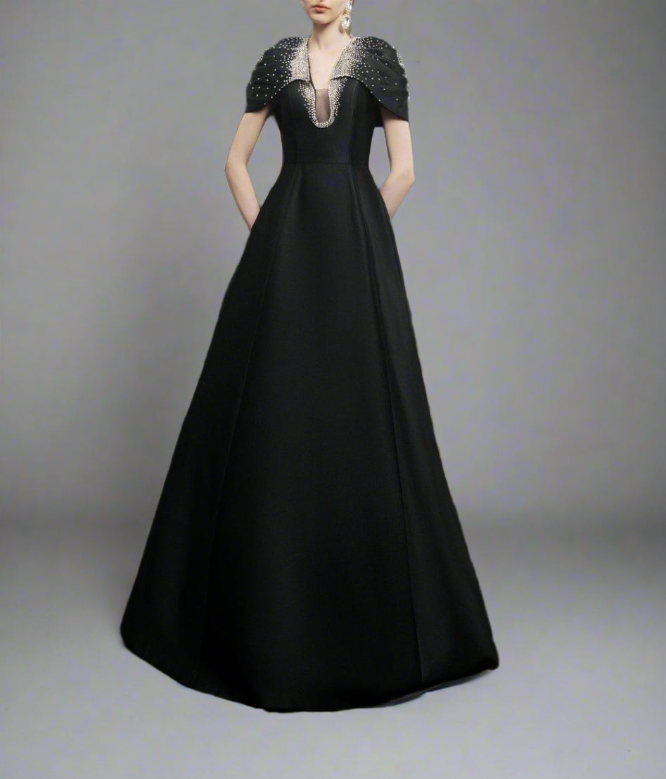 Cap-sleeve A-line dress with embellished neckline - NOIR