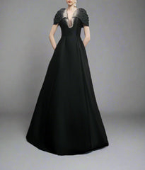 Cap-sleeve A-line dress with embellished neckline - NOIR