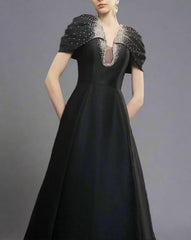 Cap-sleeve A-line dress with embellished neckline - NOIR
