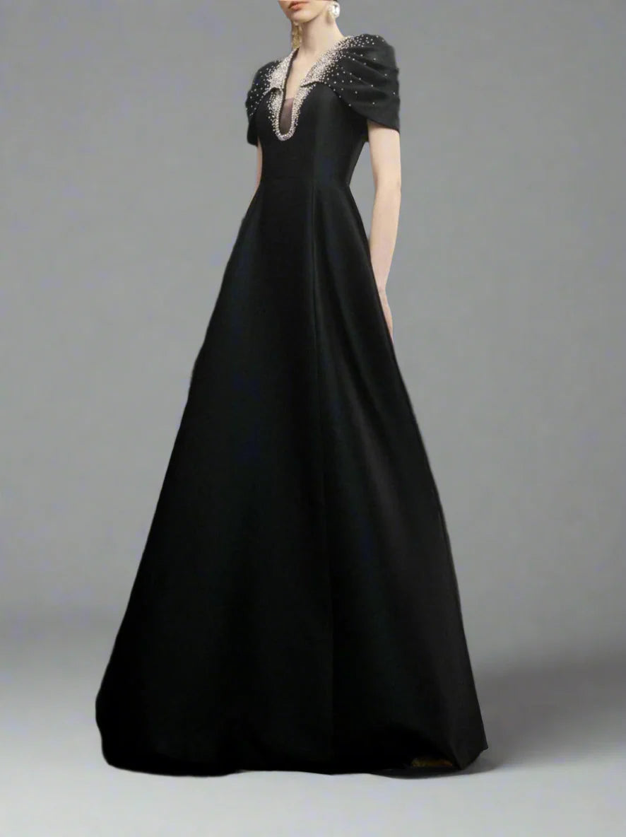 Cap-sleeve A-line dress with embellished neckline - NOIR