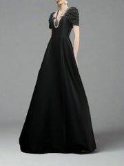 Cap-sleeve A-line dress with embellished neckline - NOIR