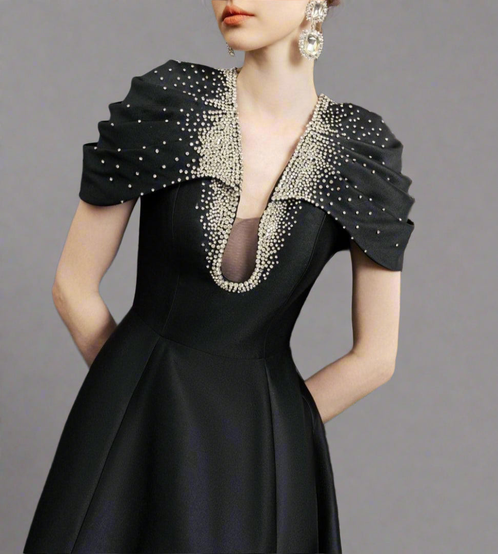 Cap-sleeve A-line dress with embellished neckline - NOIR