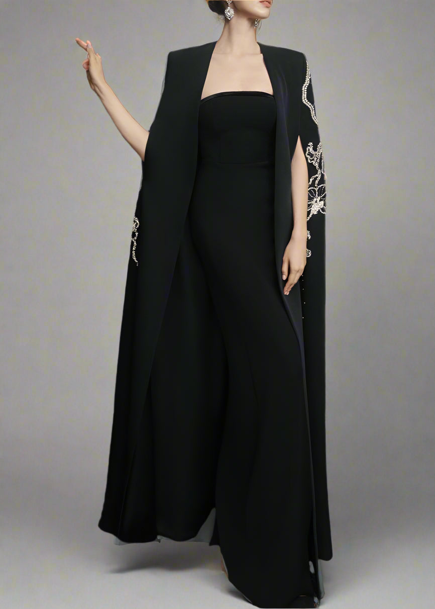 Strapless Column Dress with Embellished Cape - NOIR
