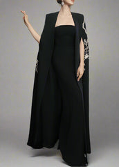 Strapless Column Dress with Embellished Cape - NOIR