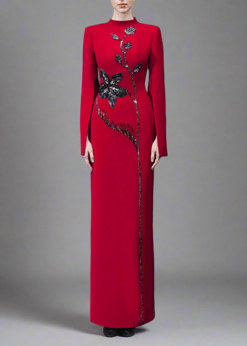 Long-sleeve column dress with floral sequin embellishment - Cecilia