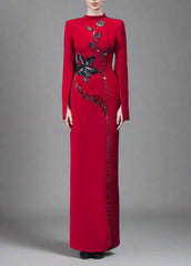 Long-sleeve column dress with floral sequin embellishment - Cecilia