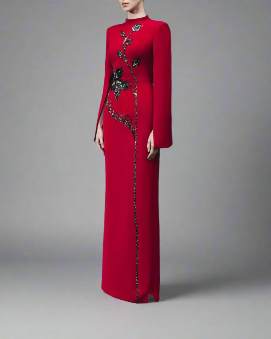 Long-sleeve column dress with floral sequin embellishment - Cecilia