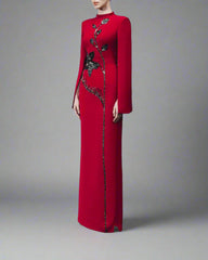 Long-sleeve column dress with floral sequin embellishment - Cecilia