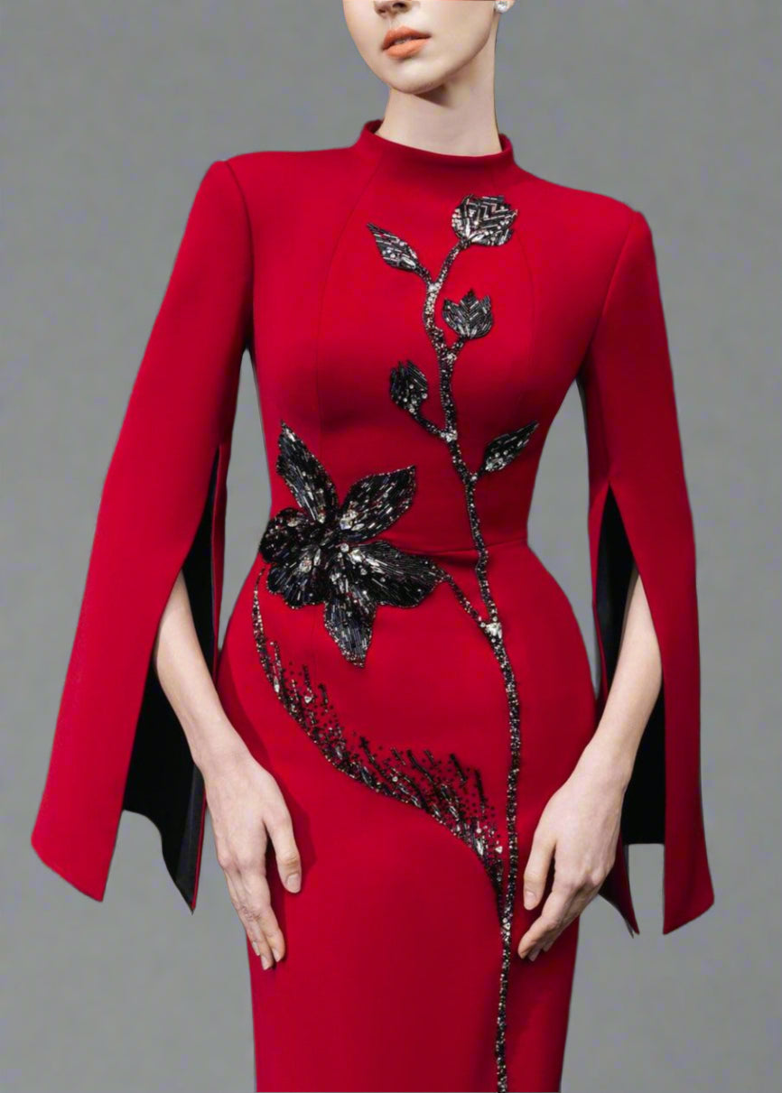 Long-sleeve column dress with floral sequin embellishment - Cecilia