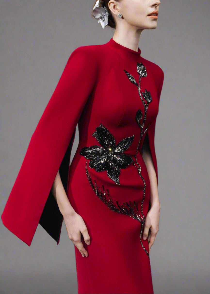 Long-sleeve column dress with floral sequin embellishment - Cecilia